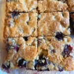 Blueberry blondies on baking paper.