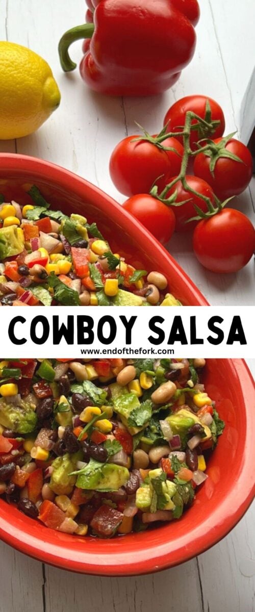 Pin image of cowboy salsa in red bowl.