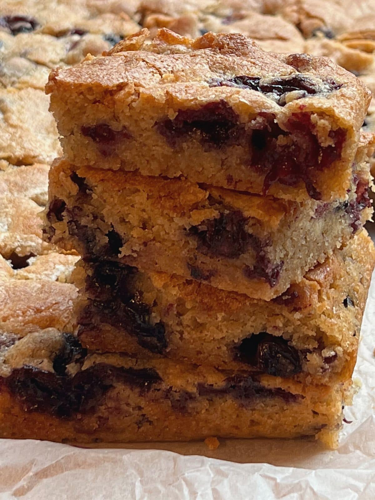 Stacked blueberry blondies.