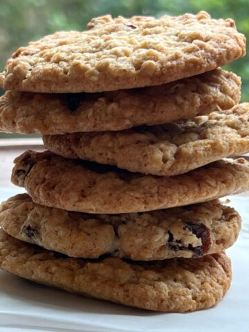 Stack of oatmeal raisin cookies.