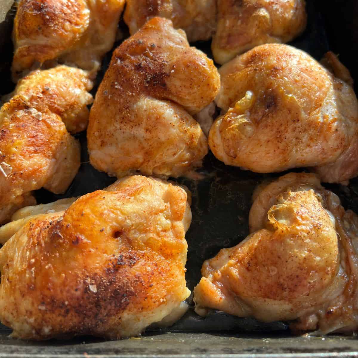 Roasted chicken in roasting pan.