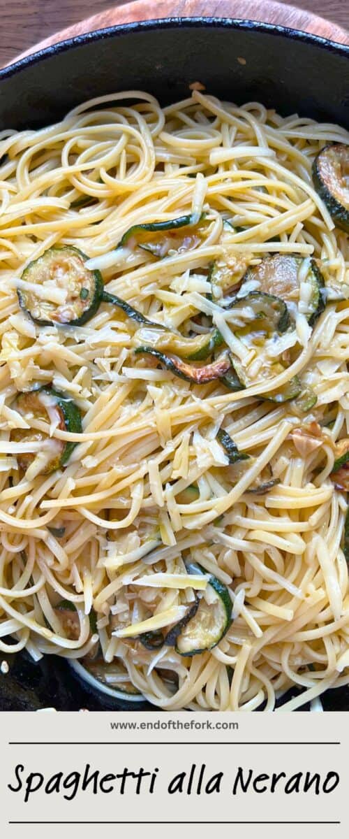 Pin image of spaghetti alla Nerano in skillet.