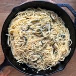 Spaghetti alla Nerano in iron skillet.
