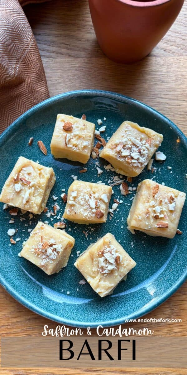 Pin image of barfi squares on green tea plate.
