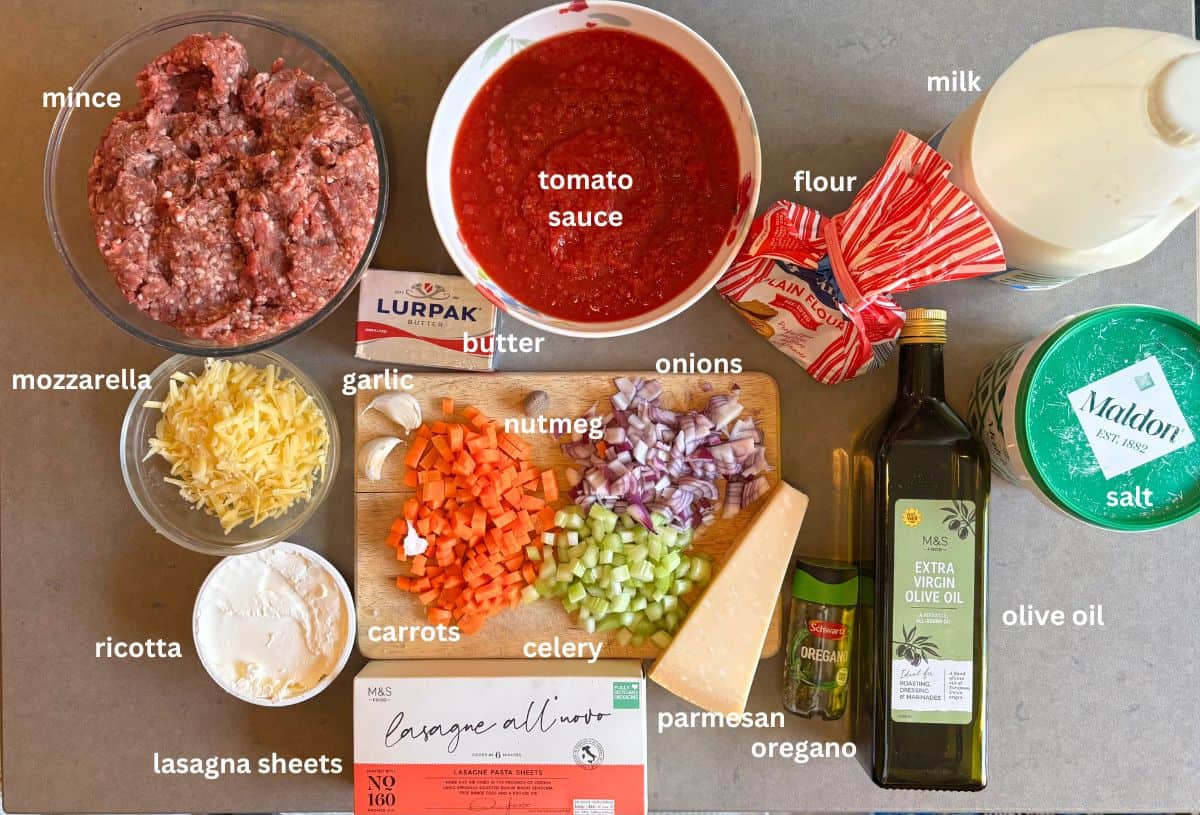 Lasagna ingredients laid out on kitchen counter.