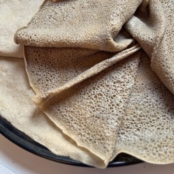 Ethiopian teff flatbread on a tray.