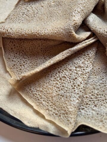 Ethiopian teff flatbread on a tray.