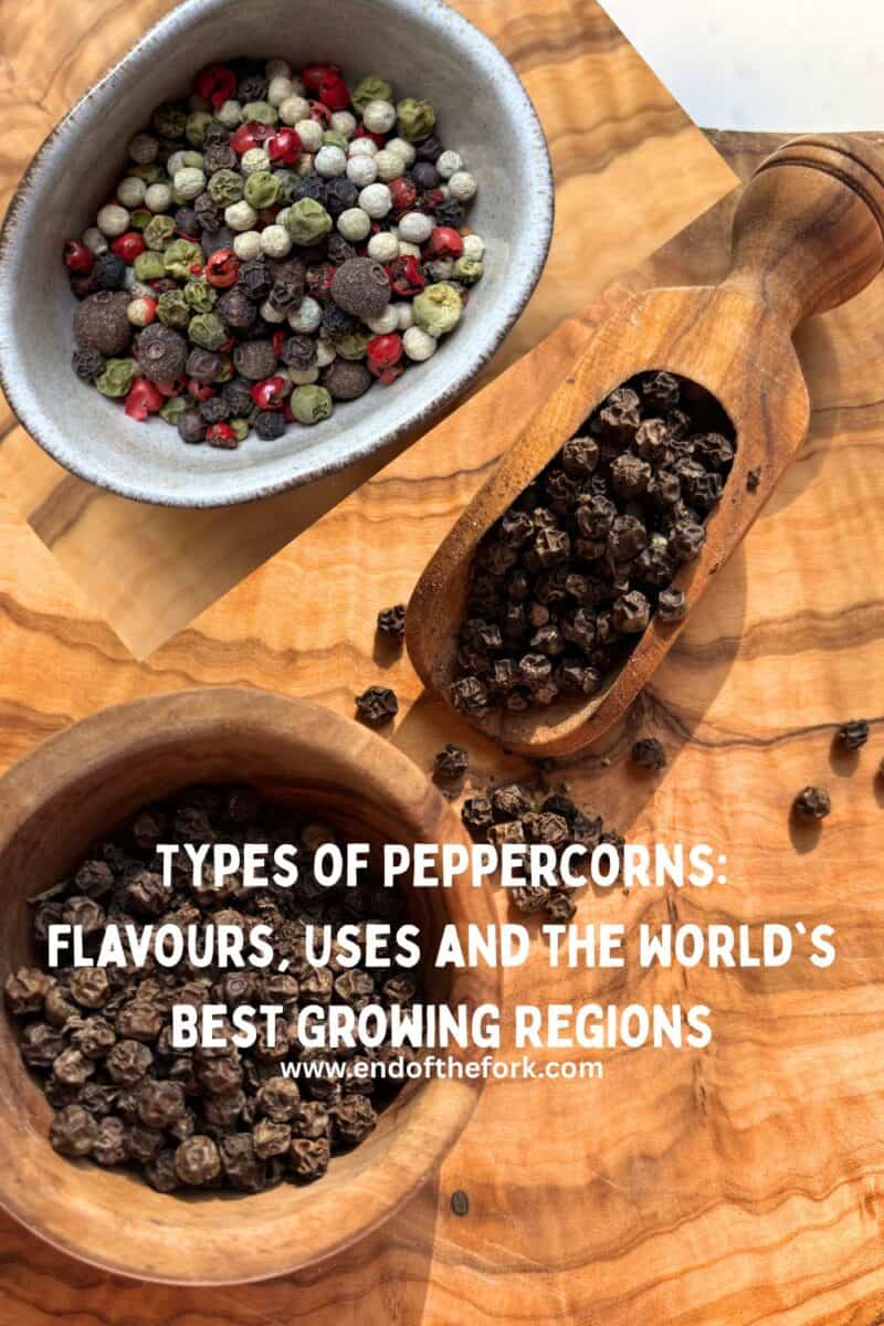 Pin image of black and mixed colour peppercorns.